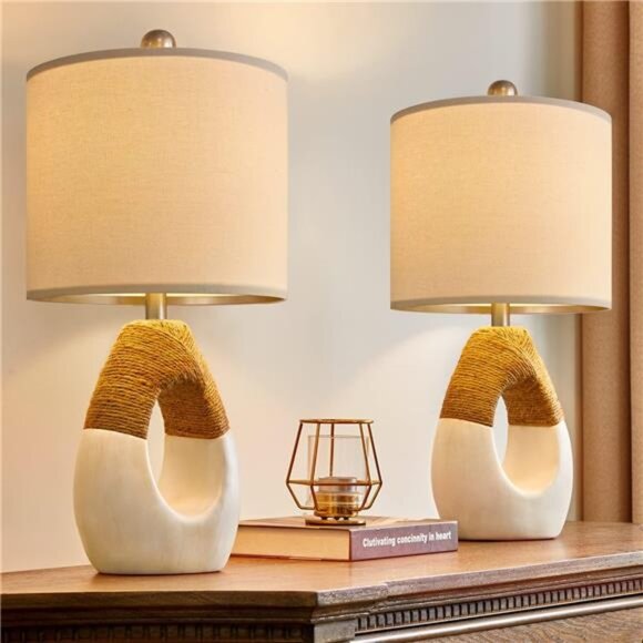 OYEARS Boho Table Lamps Bedroom Living Room Set 2 Small Farmhouse Rattan Table - Picture 1 of 7